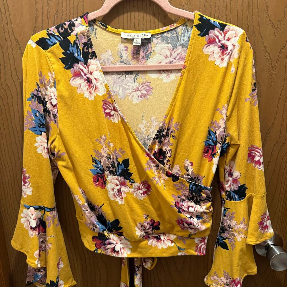 Haute Monde Yellow Floral Bell Sleeve Wrap Blouse - Size Large